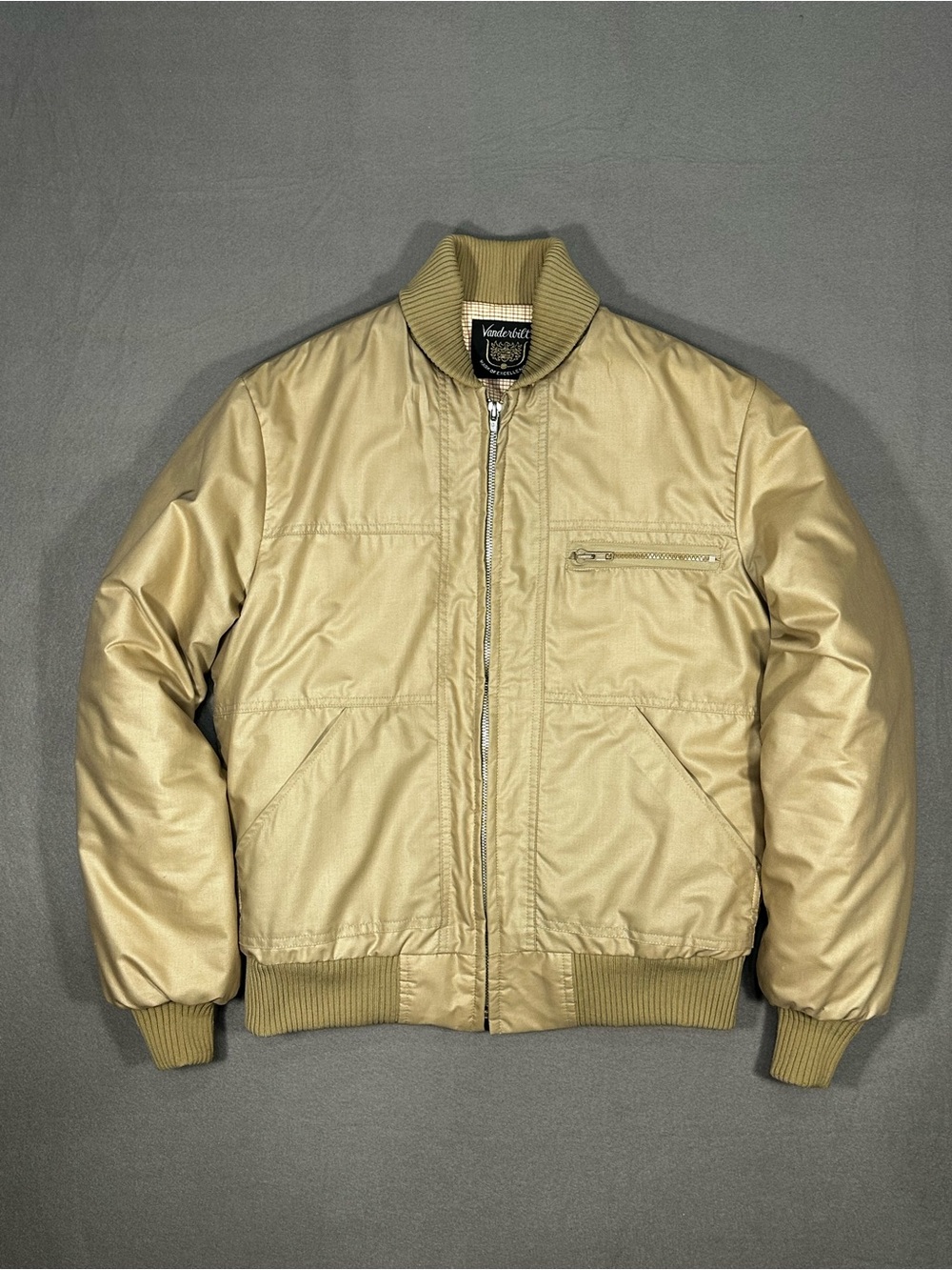 Vintage Vanderbilt Mens Size S Tan Bomber Jacket Made USA Insulated Zip Coat